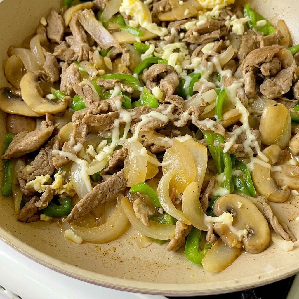 Du fromage râpé saupoudré dans la poêle sur le bœuf et les légumes sautés.