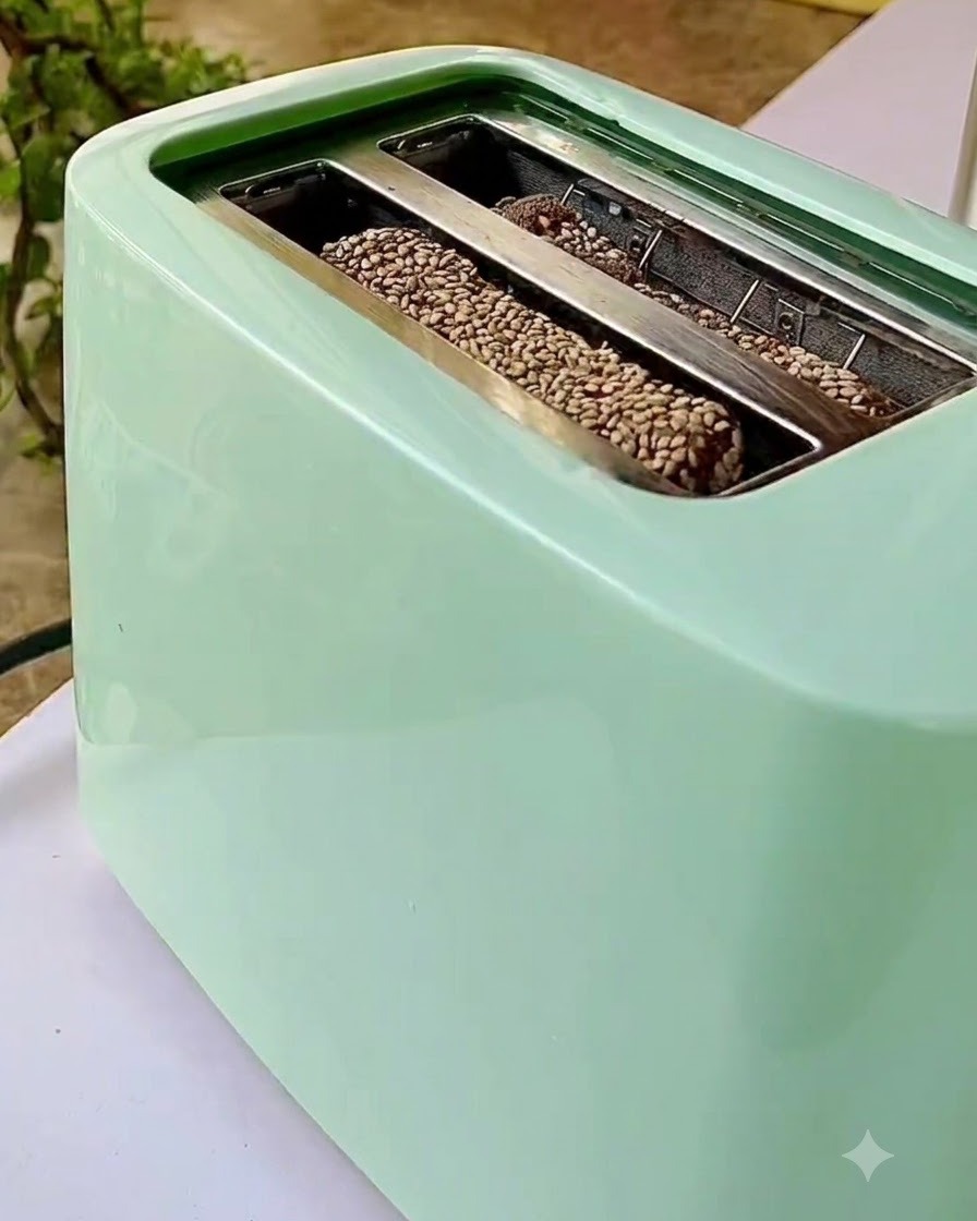 Des tranches de pain aux céréales placées dans les fentes dun grille-pain vert clair.