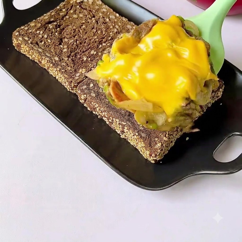 Le mélange de bœuf cuit et de fromage fondu déposé à la cuillère sur du pain aux céréales toasté sur un plat noir.