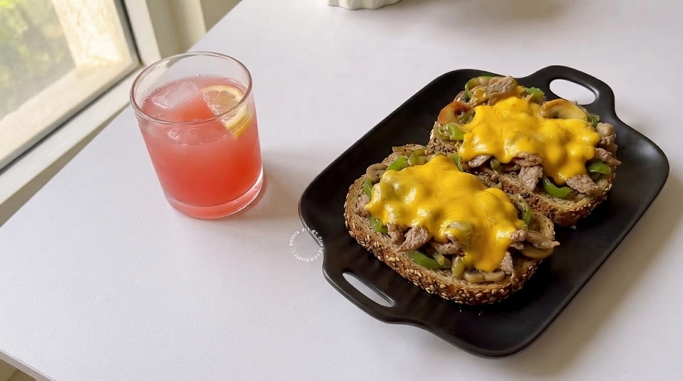 Deux toasts Philly cheesesteaks ouverts sur pain complet surmontés de fromage jaune fondu sur une assiette noire, accompagnés dun verre de boisson fruitée rose sur fond blanc.