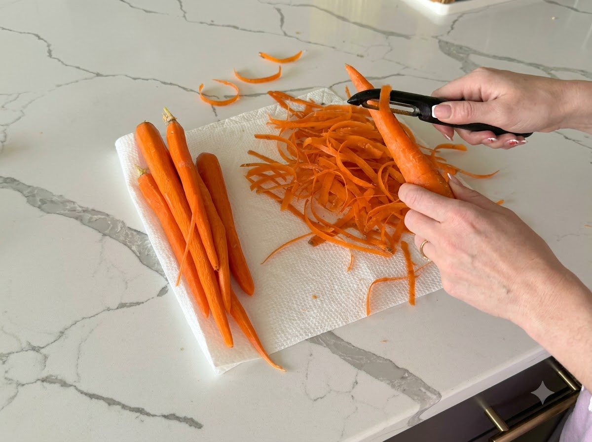 Des carottes épluchées coupées en tout petits dés sur un espace de travail de cuisine.