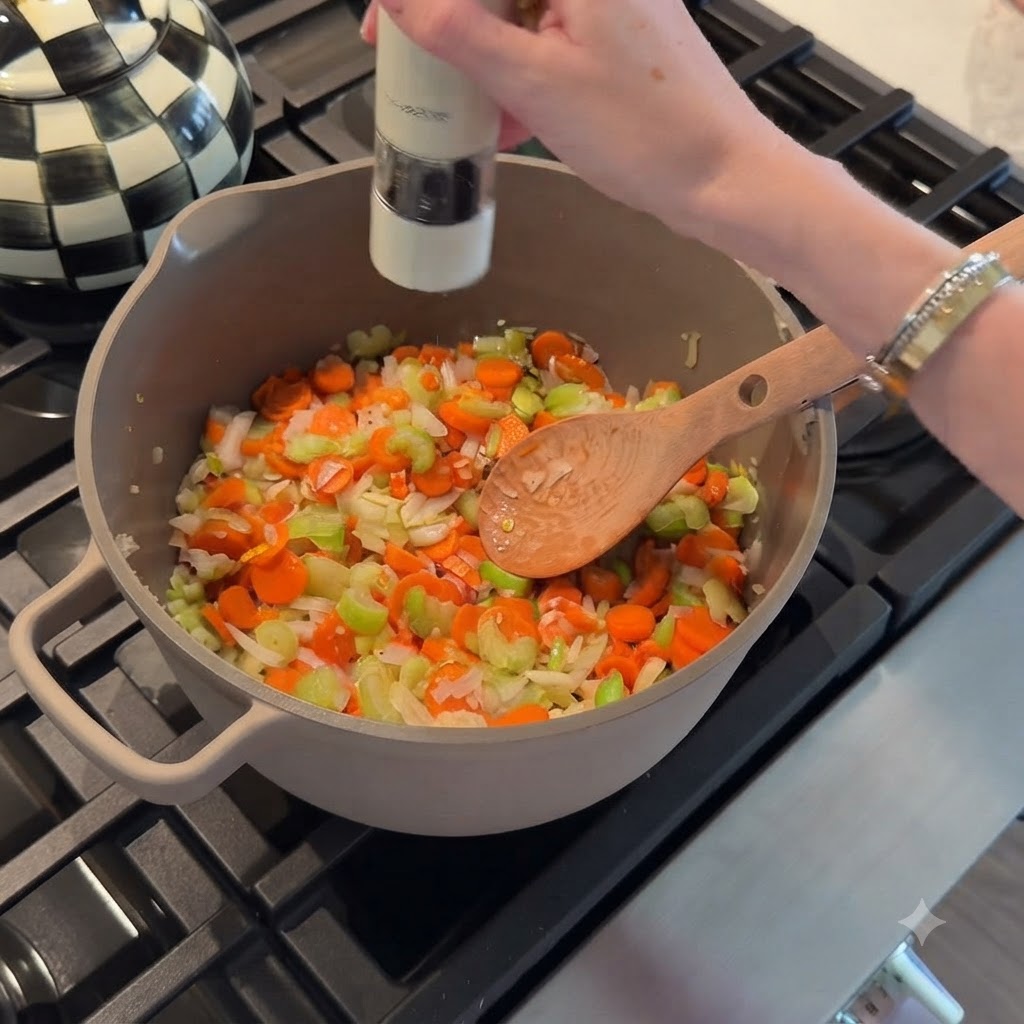 Saupoudrage de sel sur les légumes en cuisson dans une marmite tout en remuant avec une cuillère en bois.