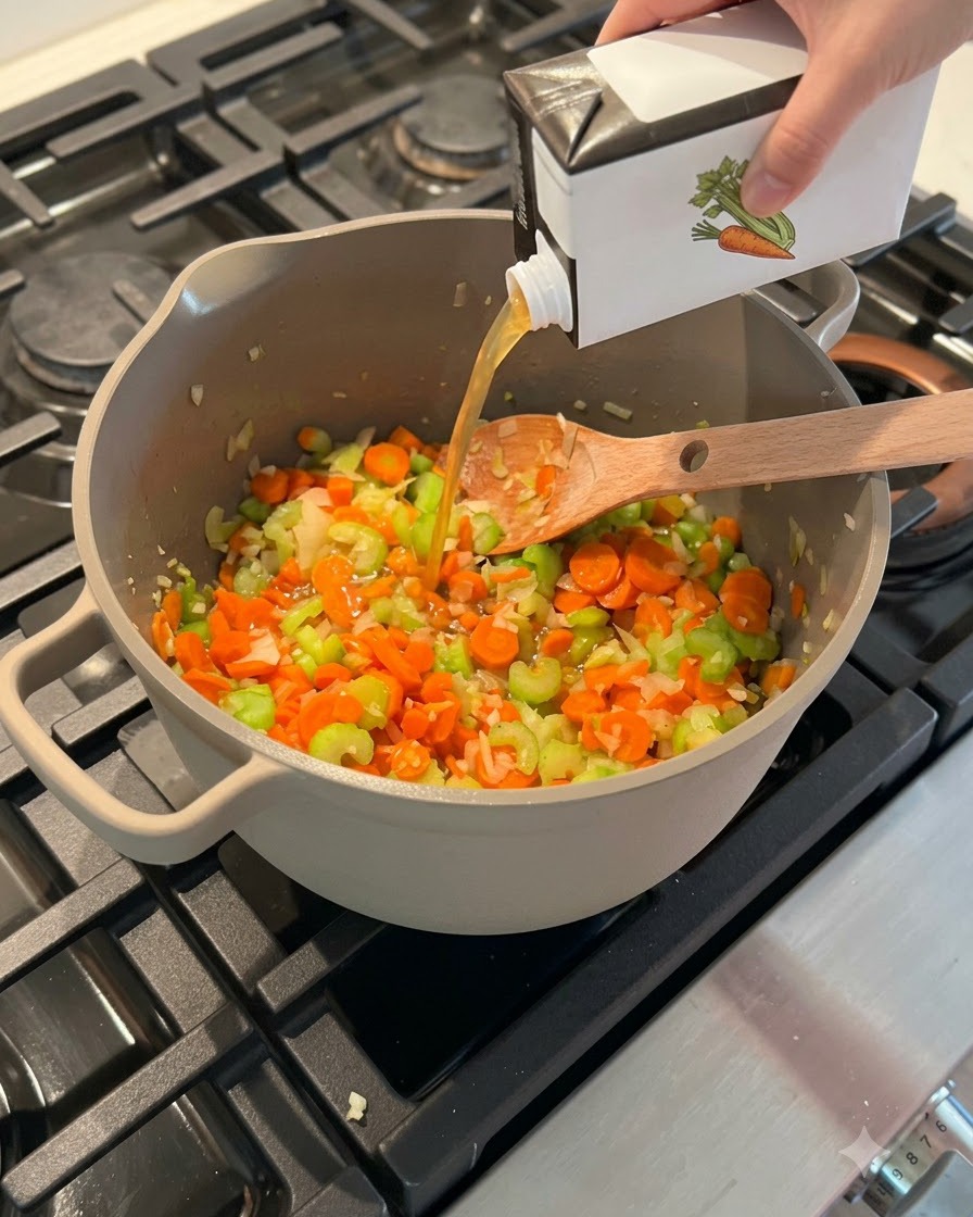 Un carton de bouillon dos de poulet versé dans une grande marmite grise remplie de carottes et de céleri hachés.
