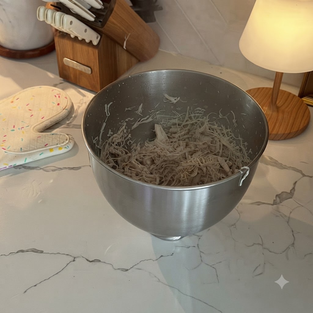 Poitrines de poulet cuites et finement effilochées reposant dans un bol à mélanger en acier inoxydable sur un comptoir en marbre.
