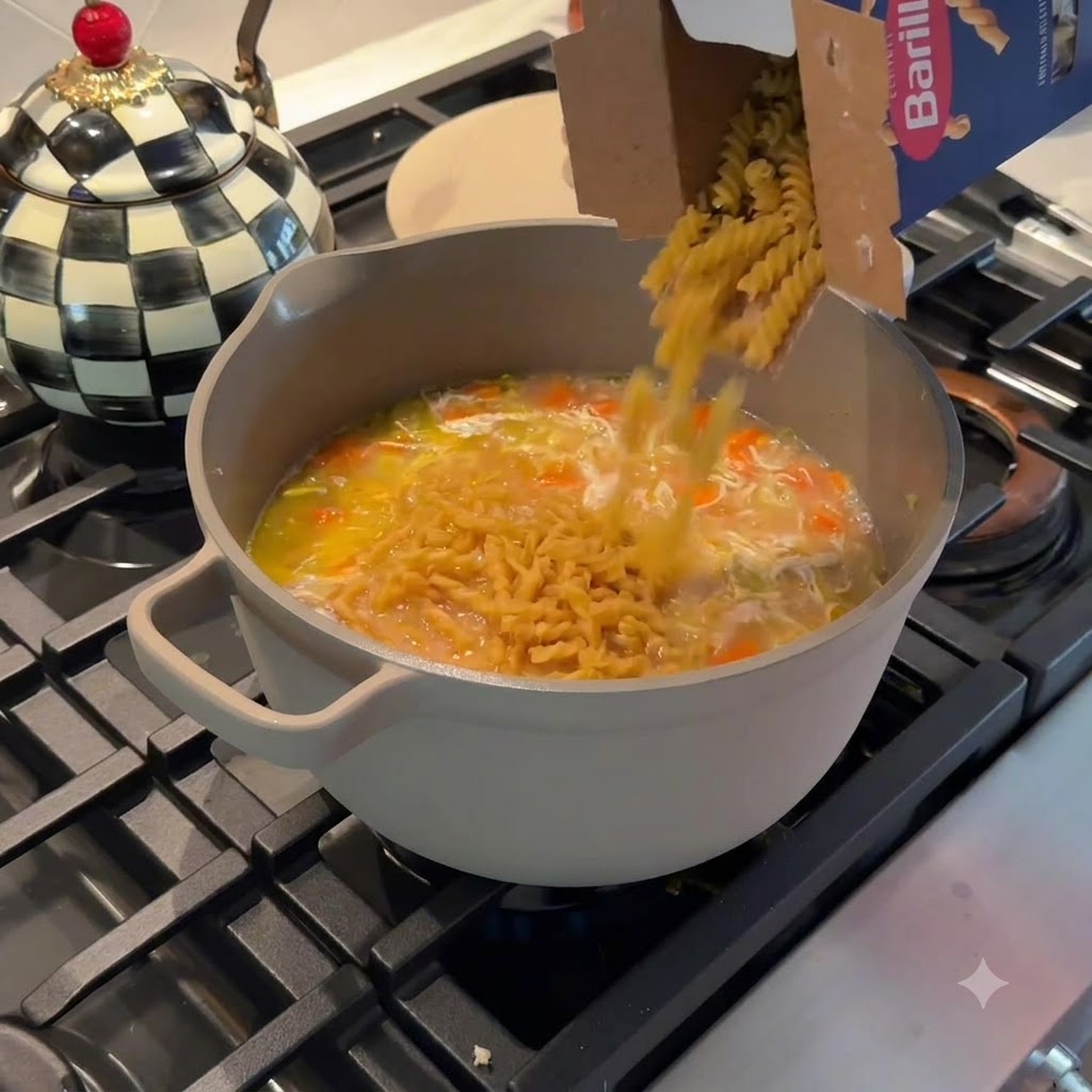 Pâtes spirales sèches versées directement depuis une boîte Barilla dans une marmite de soupe au poulet et nouilles frémissante.
