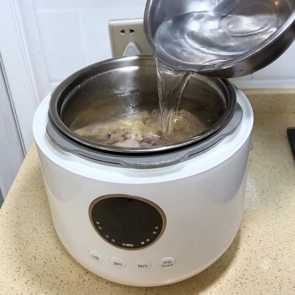 De leau versée dun bol en acier dans un cuiseur à pression électrique blanc contenant du poulet blanchi.