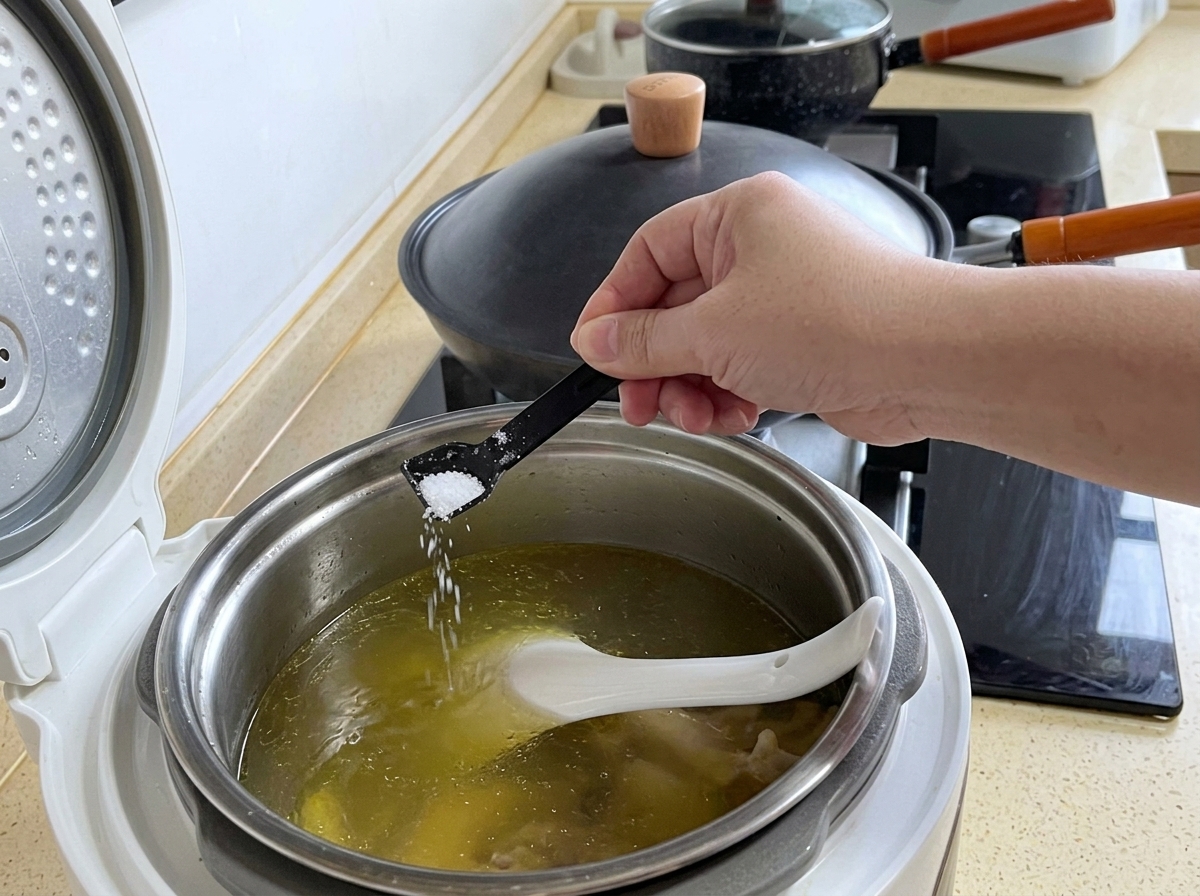 Une petite cuillère mesureur noire ajoutant du sel dans une casserole fumante de soupe de poulet cuite.