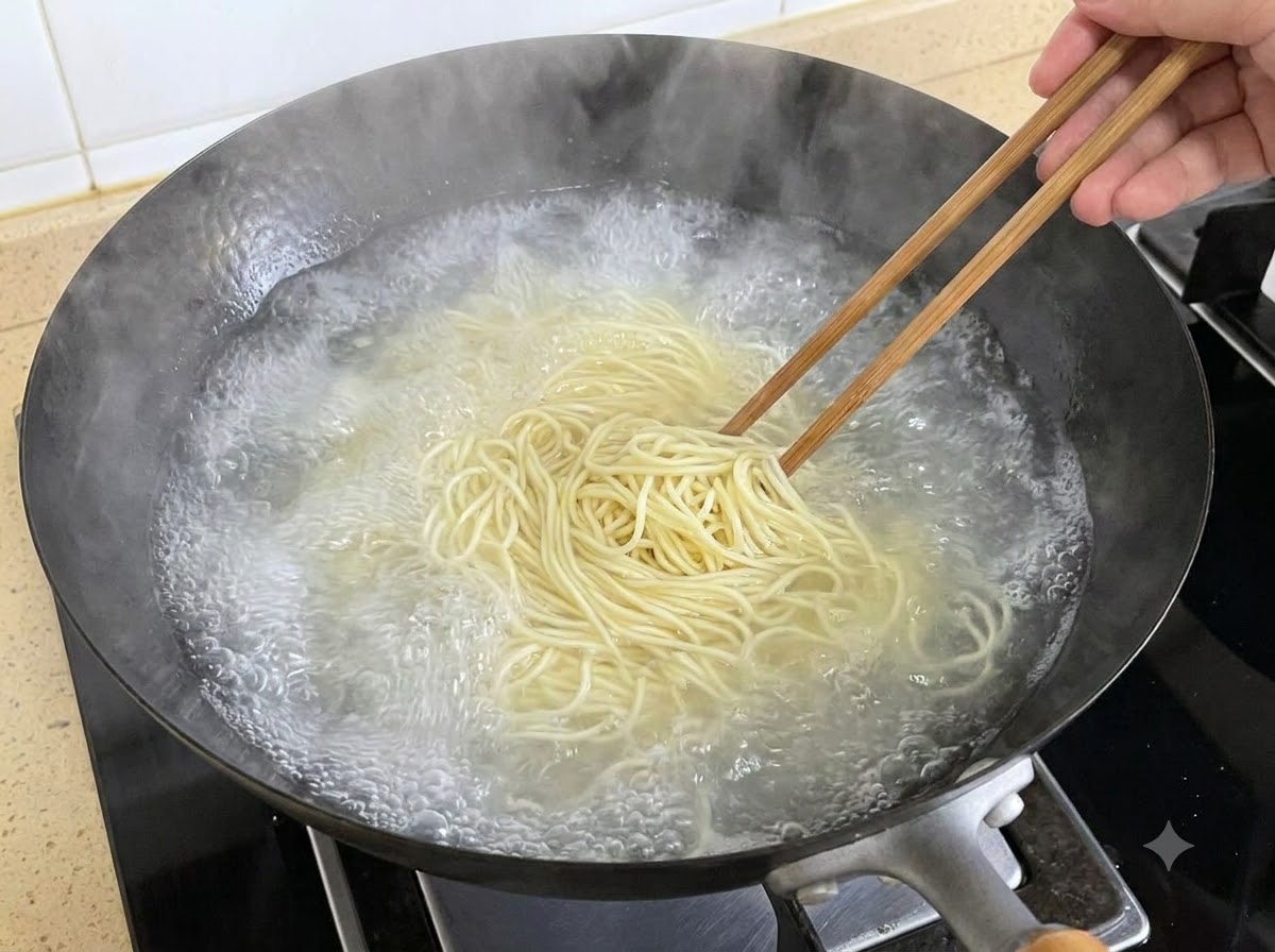 Des baguettes en bois remuant des nouilles fines bouillant dans un grand wok noir rempli deau bouillante.