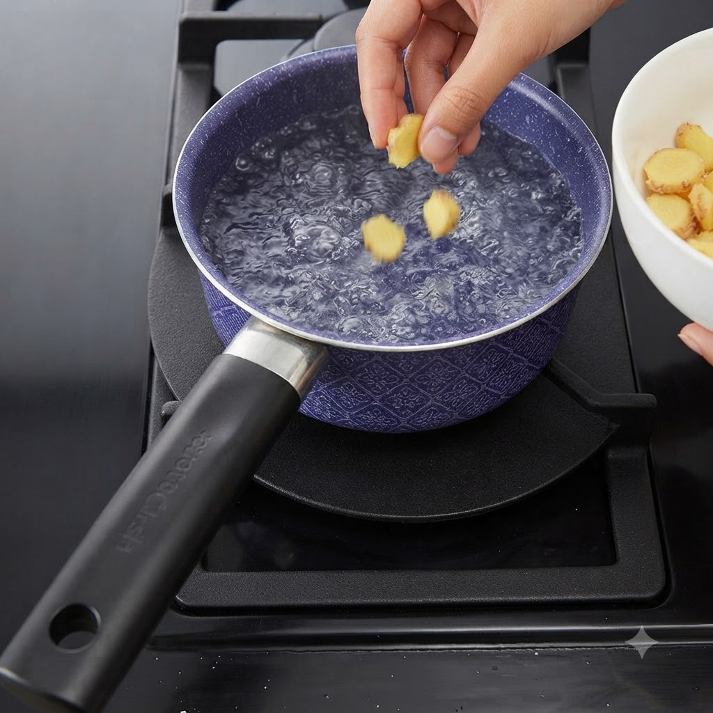 Tranches de gingembre frais jetées dans une casserole deau bouillante sur une cuisinière.