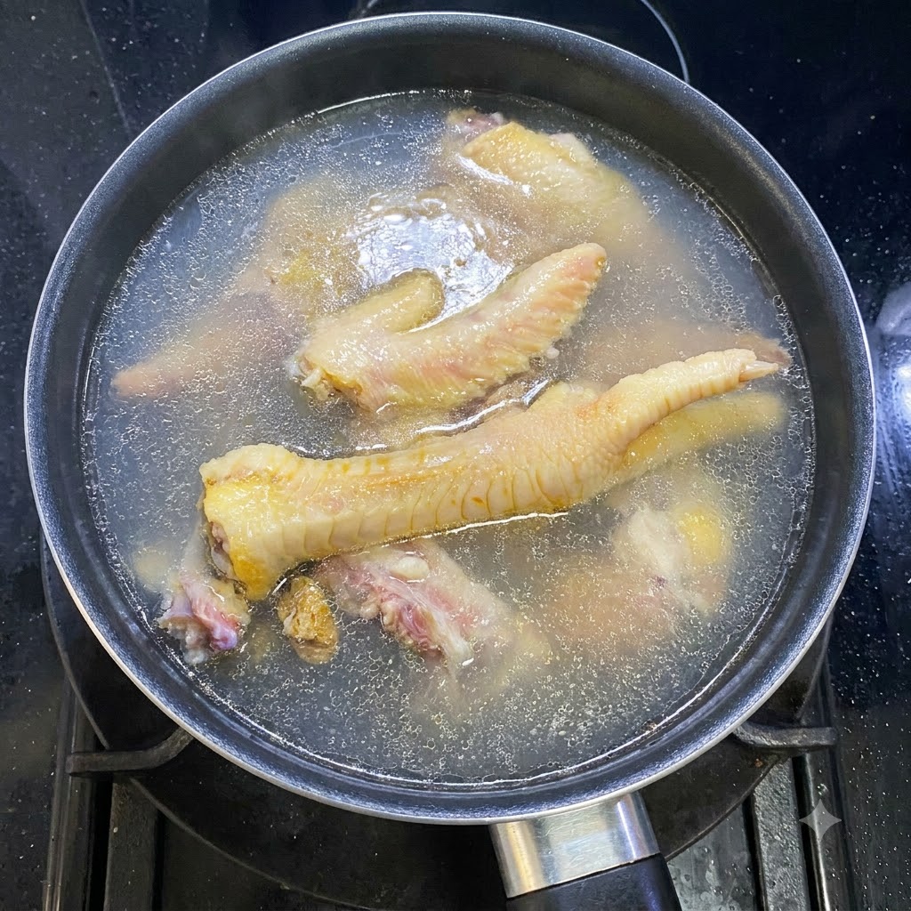 Poulet et gingembre bouillant ensemble dans une casserole deau sur un feu de cuisinière.