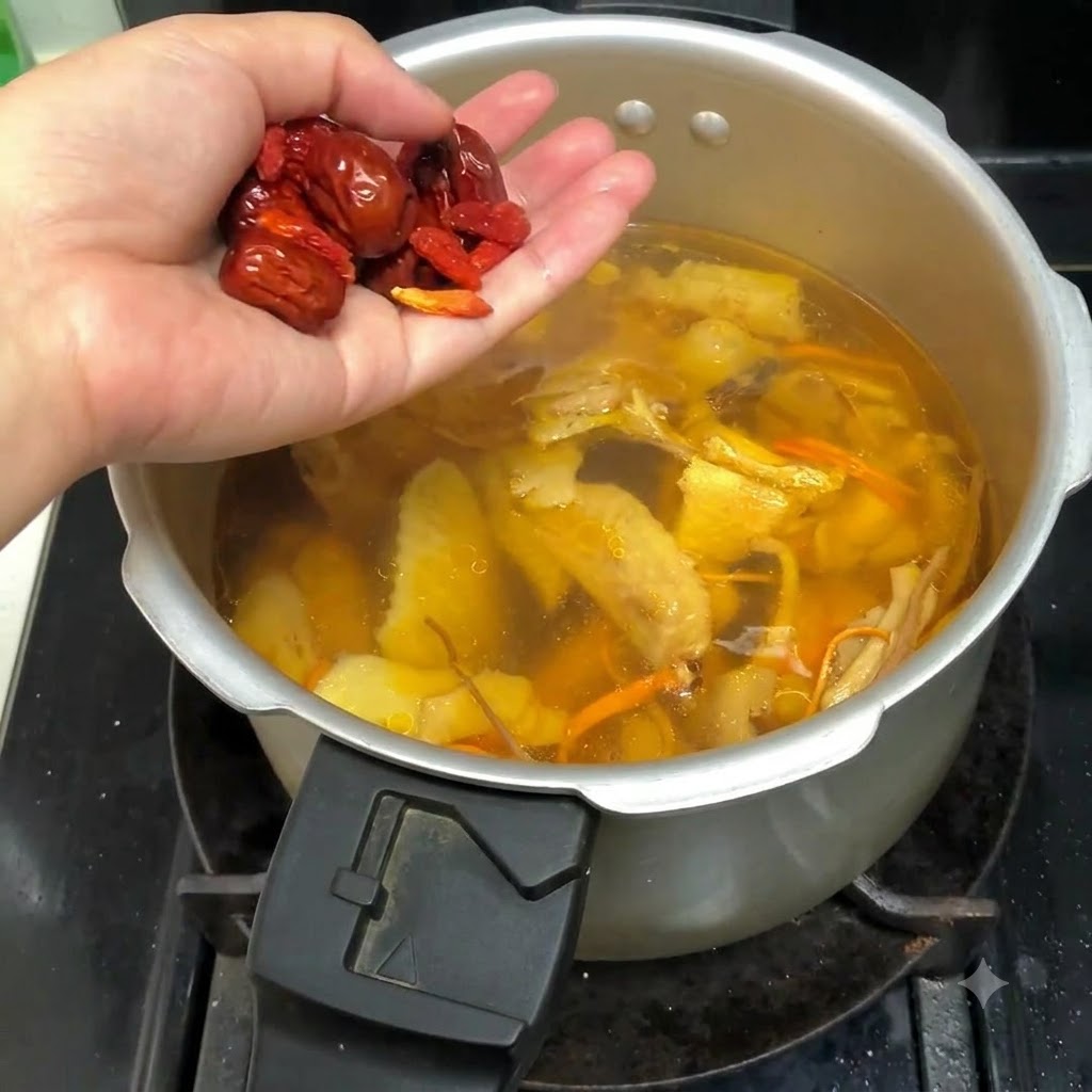 Une poignée de dattes rouges et de baies de goji ajoutées dans lautocuiseur avec le bouillon de poulet.