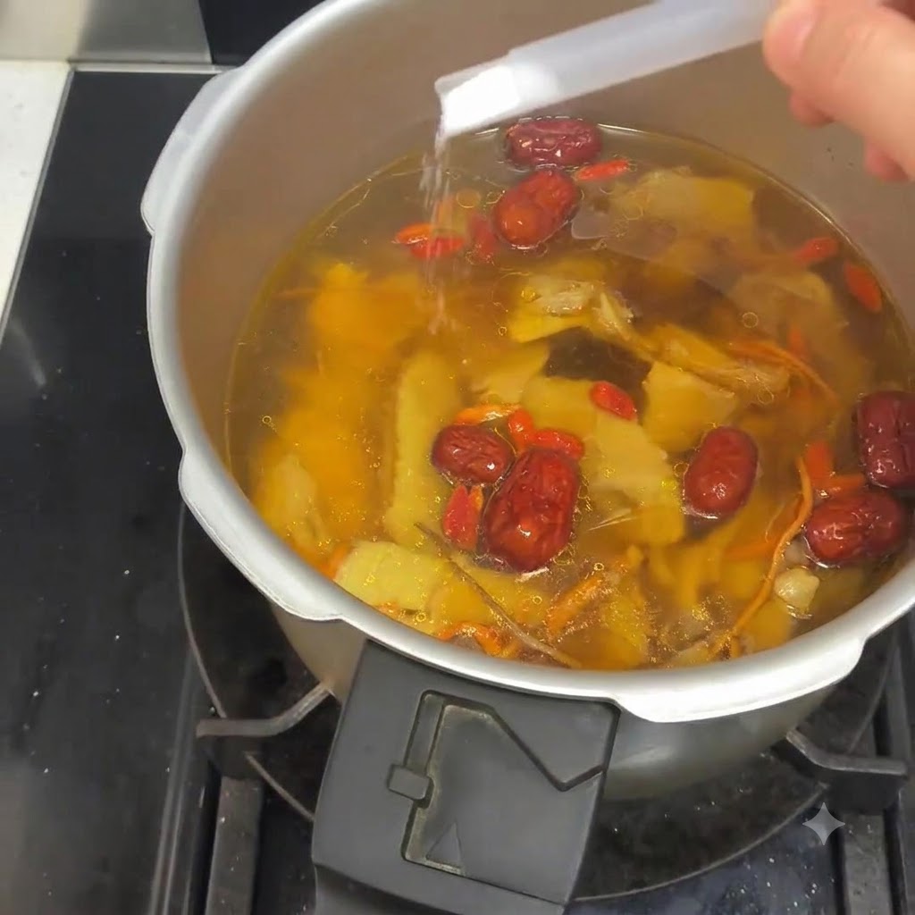 Une pincée de sel saupoudrée dans la soupe de poulet frémissante à lintérieur de la casserole.