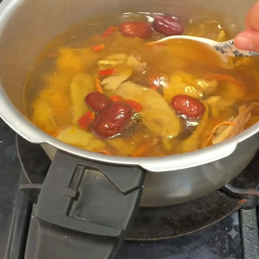 Une louche blanche remuant la soupe de poulet bouillonnante remplie de champignons, de dattes et dherbes.