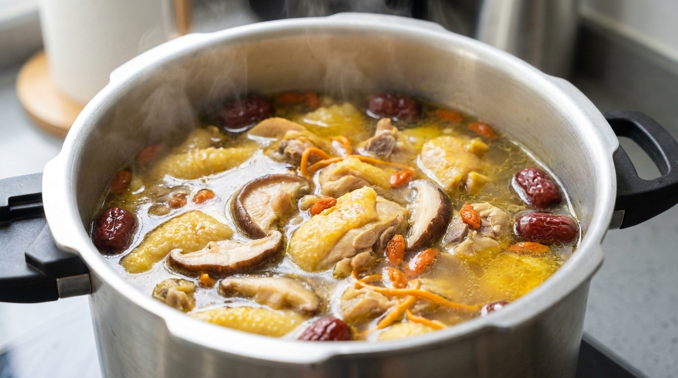 Soupe de poulet aux champignons et autocuiseur