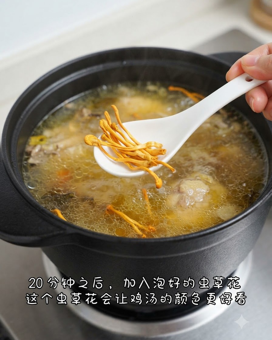 Une cuillère blanche contenant des fleurs de cordyceps orange abaissée au-dessus dune marmite de soupe de poulet frémissante.