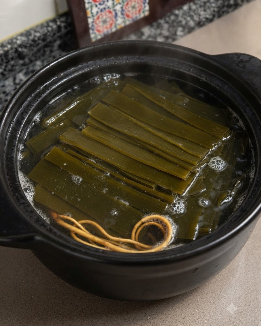 Une louche remuant le bouillon chaud contenant des tranches dalgues, des fleurs de cordyceps et du poulet à lintérieur de la cocotte en terre cuite.