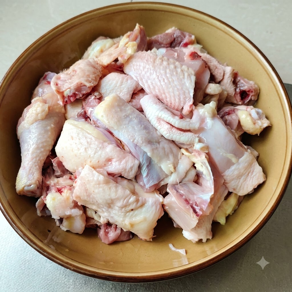 Morceaux de poulet cru hachés disposés dans un bol marron.