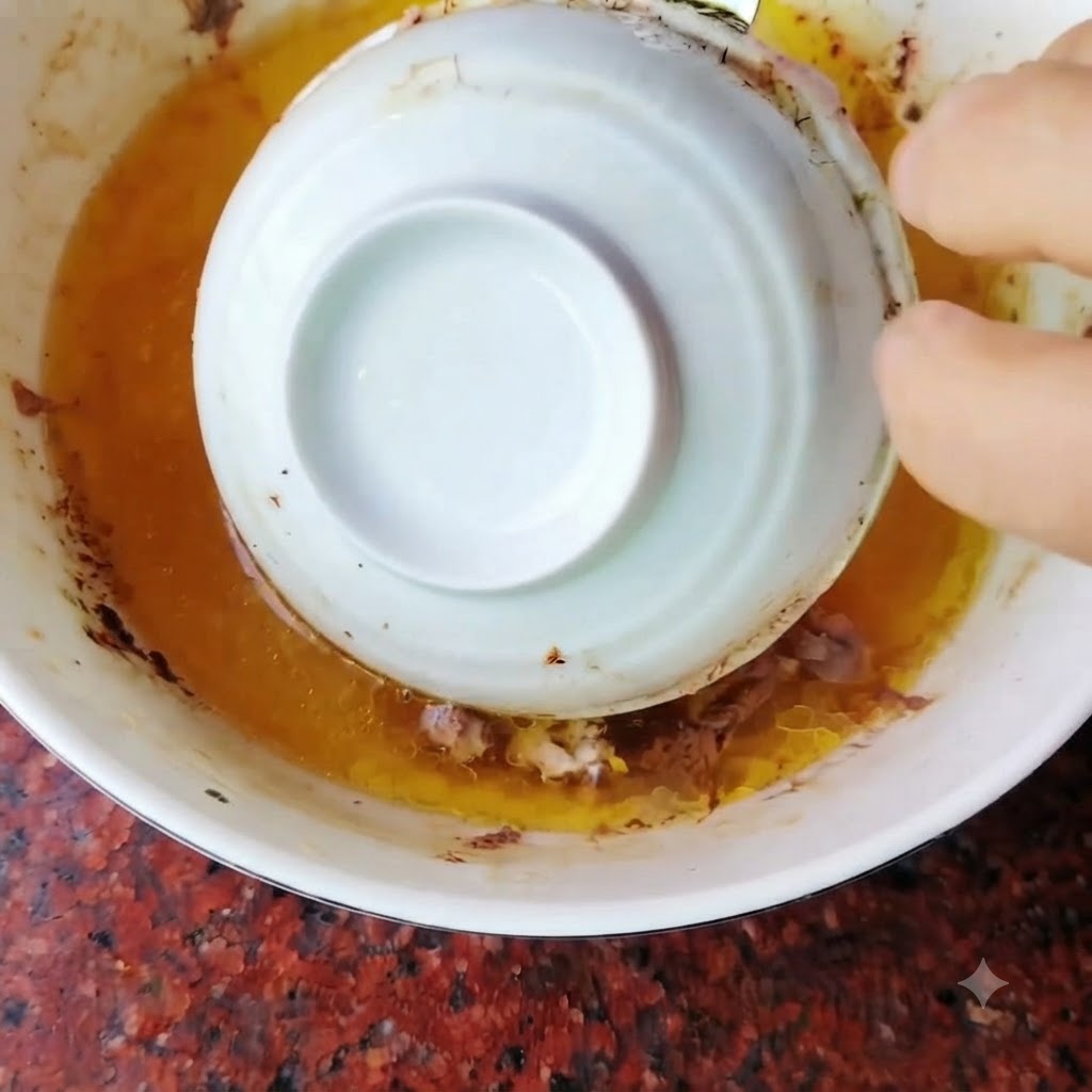 Un petit bol blanc inversé soulevé hors dun bol plus grand, libérant de lessence de poulet dorée dans le liquide environnant.