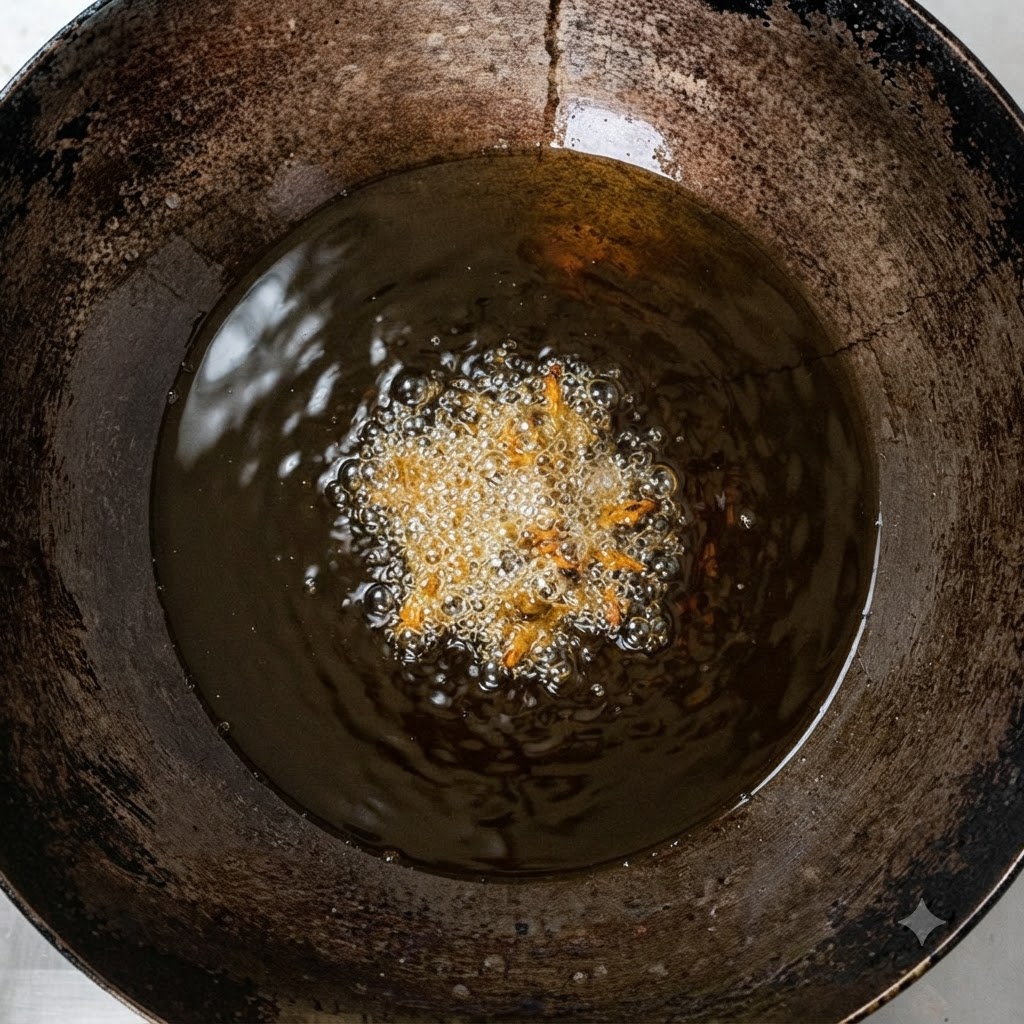 Tranches de gingembre grésillant et frit dans de lhuile chaude à lintérieur dun wok.