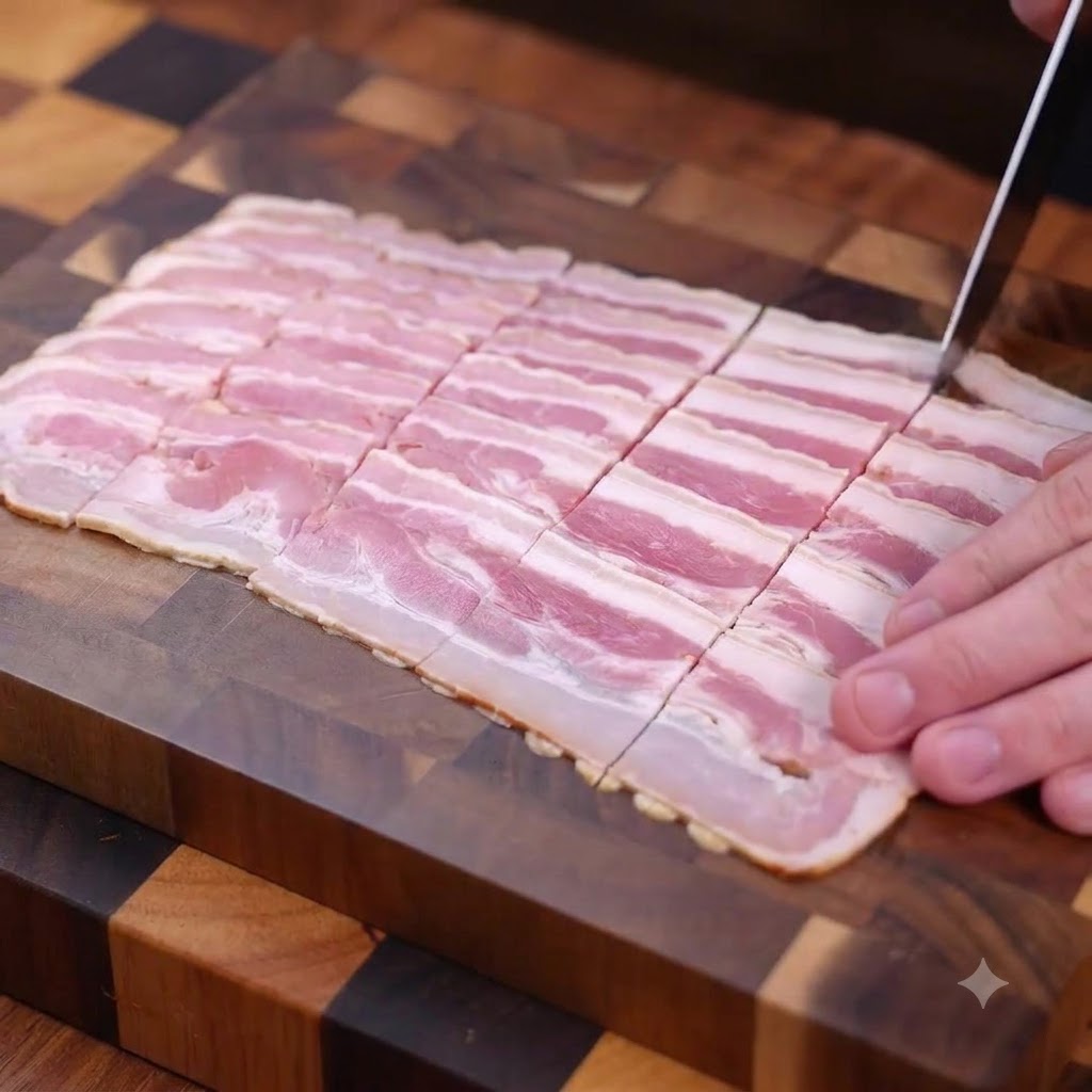 Découpe de bacon fumé cru en petits morceaux sur une planche à découper en bois.
