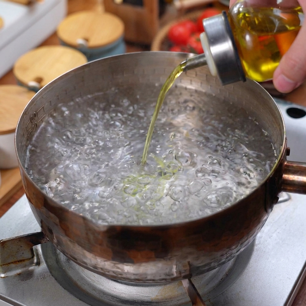 Verser de lhuile de cuisson dans une casserole deau bouillante à gros bouillons.