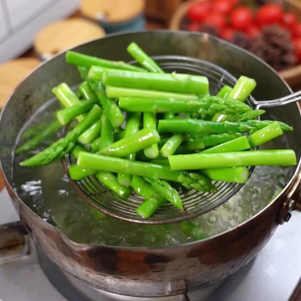 Asperges vertes blanchies et éclatantes retirées de leau bouillante à laide dune écumoire.