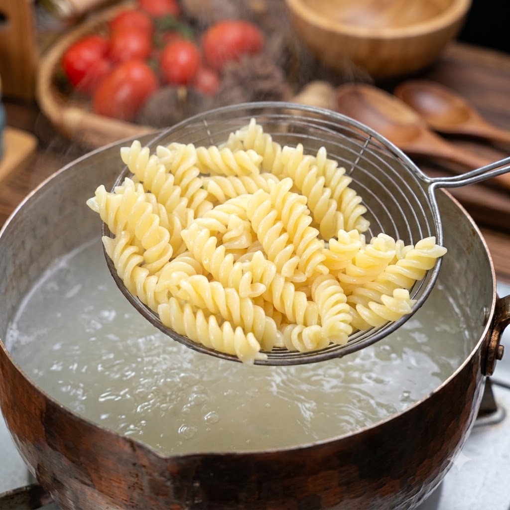 Pâtes spirales cuites sorties de leau bouillante avec une écumoire.