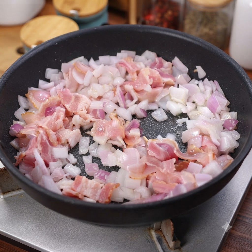 Tranches de bacon fumé et dés doignons cuisant ensemble dans une poêle antiadhésive.