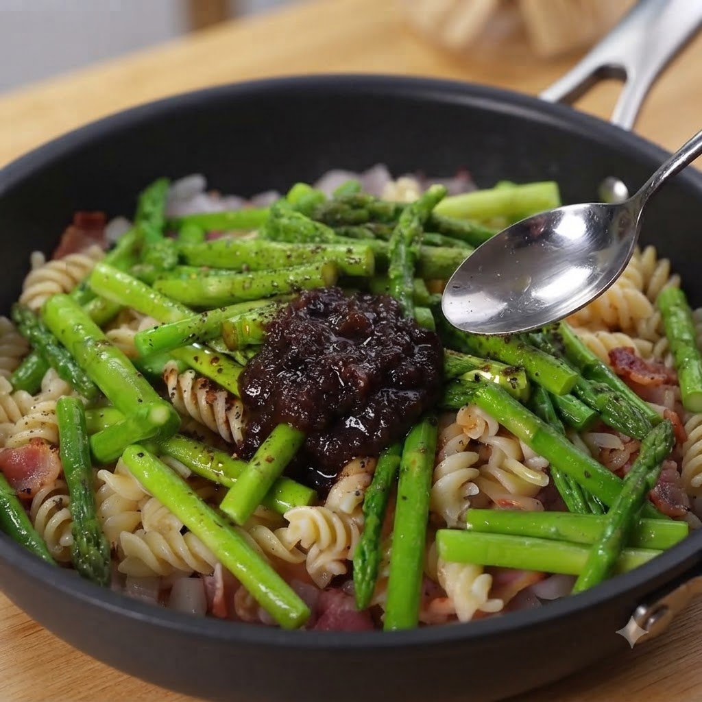 Cuillère en métal déposant une épaisse sauce à la truffe noire sur une poêle de pâtes spirales et dasperges vertes cuites.