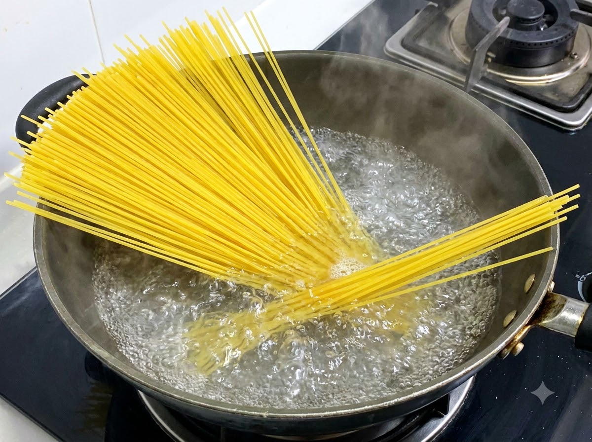 De longs spaghetti jaunes cuisant dans une casserole deau bouillante.