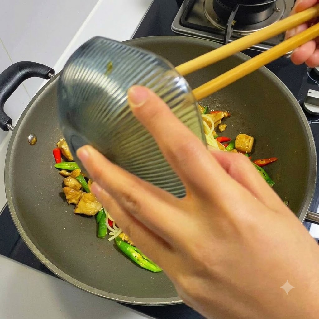 Mains versant une sauce brune savoureuse depuis un petit bol dans un wok sur les spaghetti et le poulet.