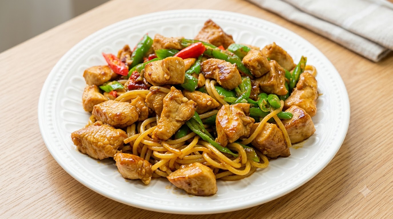 Spaghetti Sautés au Poulet et Piments