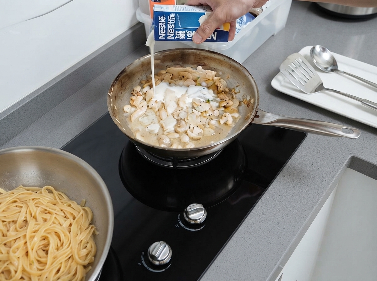De la crème fraîche versée depuis une brique dans une poêle contenant le poulet et les légumes.