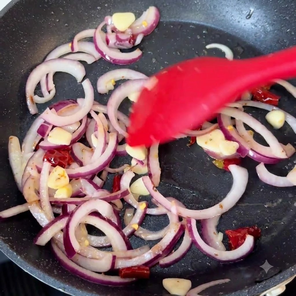 Oignons rouges, ail et piments secs mélangés dans une poêle à laide dune spatule en silicone rouge.