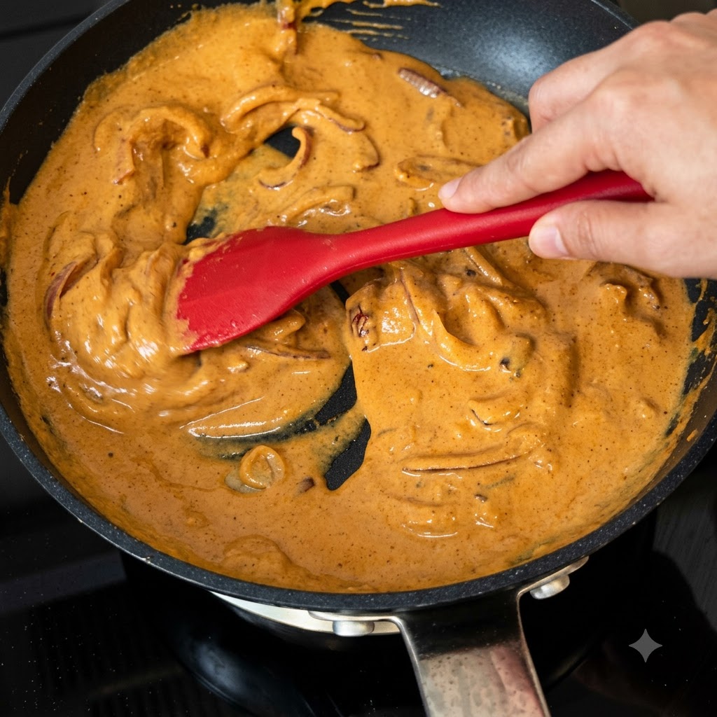 Une spatule rouge remuant une sauce crémeuse onctueuse de couleur orangée dans une poêle.