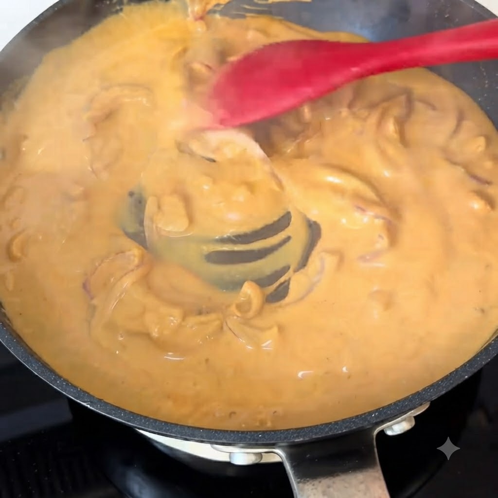 Des spaghettis cuits mélangés à une sauce curry épaisse et bouillonnante dans une poêle.