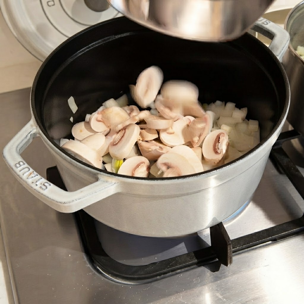 Des champignons fraîchement tranchés tombant dun récipient en métal dans une casserole remplie doignons.