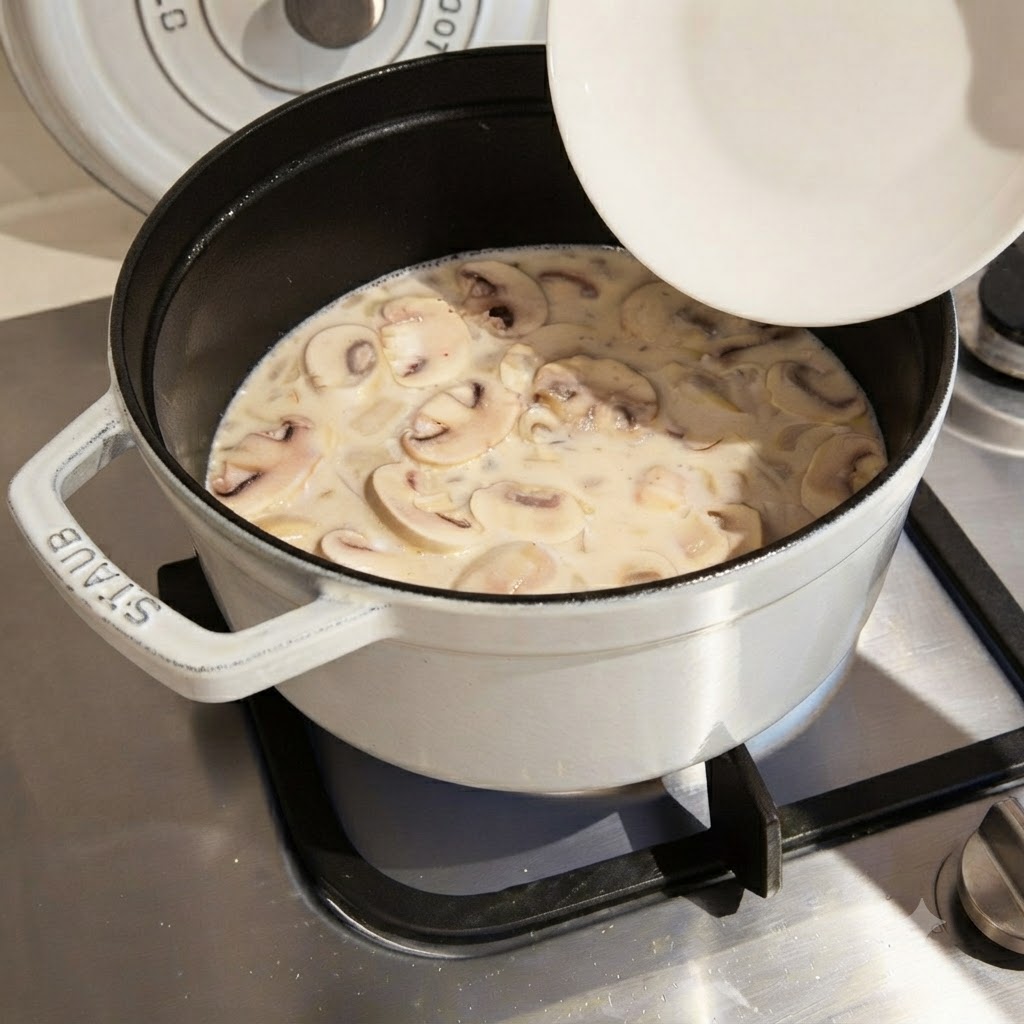 Un mélange liquide crémeux avec des tranches de champignons remplissant une casserole sur un brûleur à gaz.