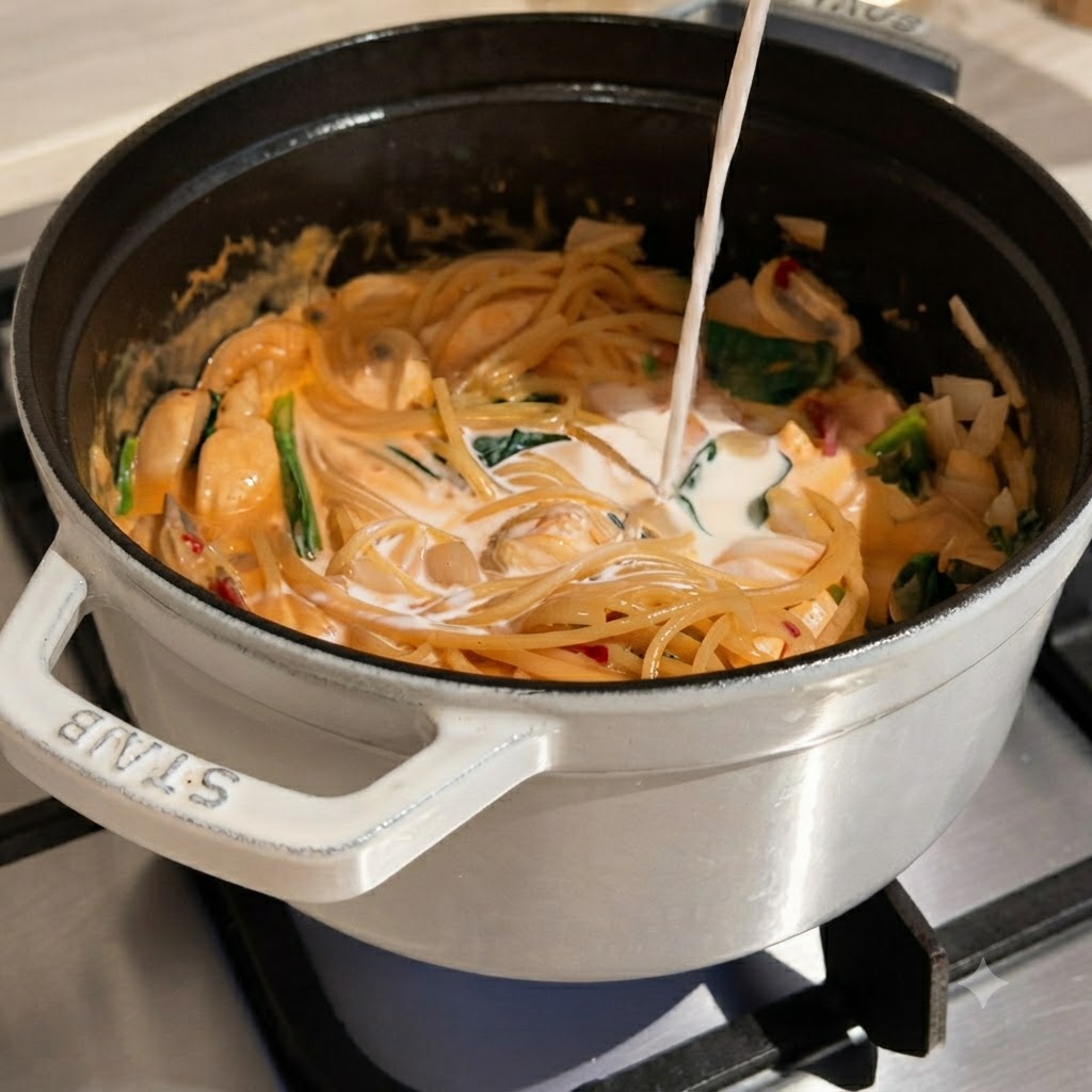Du liquide versé dun bec verseur dans une casserole de pâtes et de sauce en train de cuire sur un brûleur de cuisinière.