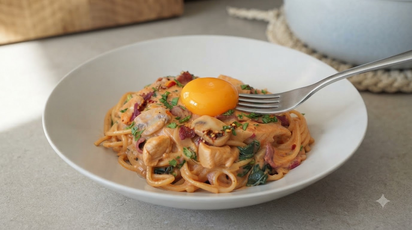 Pâtes Crémeuses au Poulet, Bacon et Piment