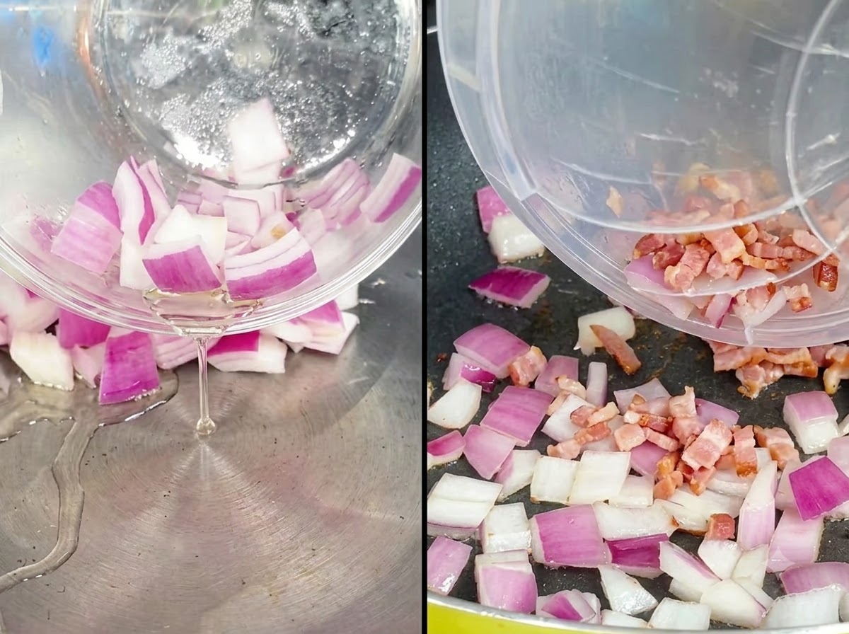 De loignon rouge haché et du bacon cru versés dans une poêle contenant de lhuile chauffée.