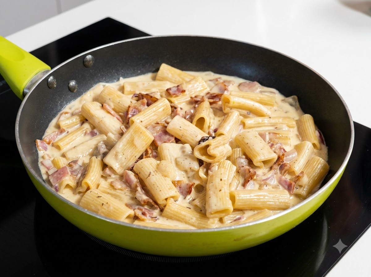 Les pâtes et la sauce à la crème soigneusement mélangées avec la pâte de truffe, montrant une couleur beige mouchetée dans une poêle.