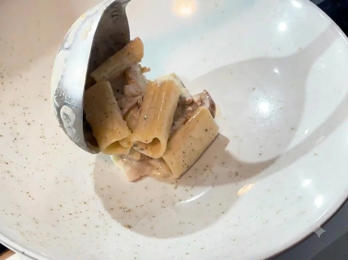 Une louche transférant des pâtes crémeuses dune poêle dans un bol de service blanc.