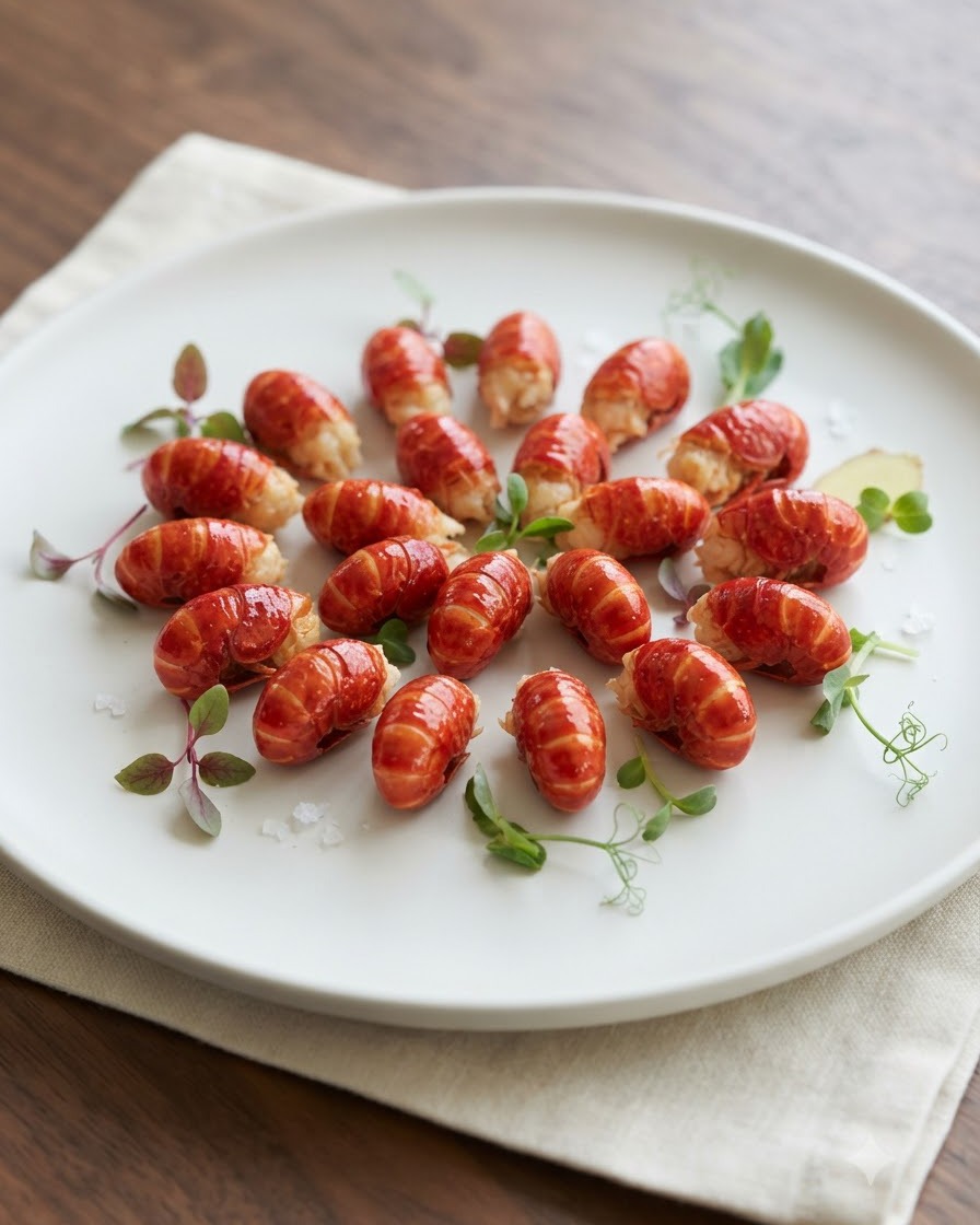 Une assiette blanche disposée avec des queues décrevisses rouges proprement décortiquées et des garnitures dherbes vertes.