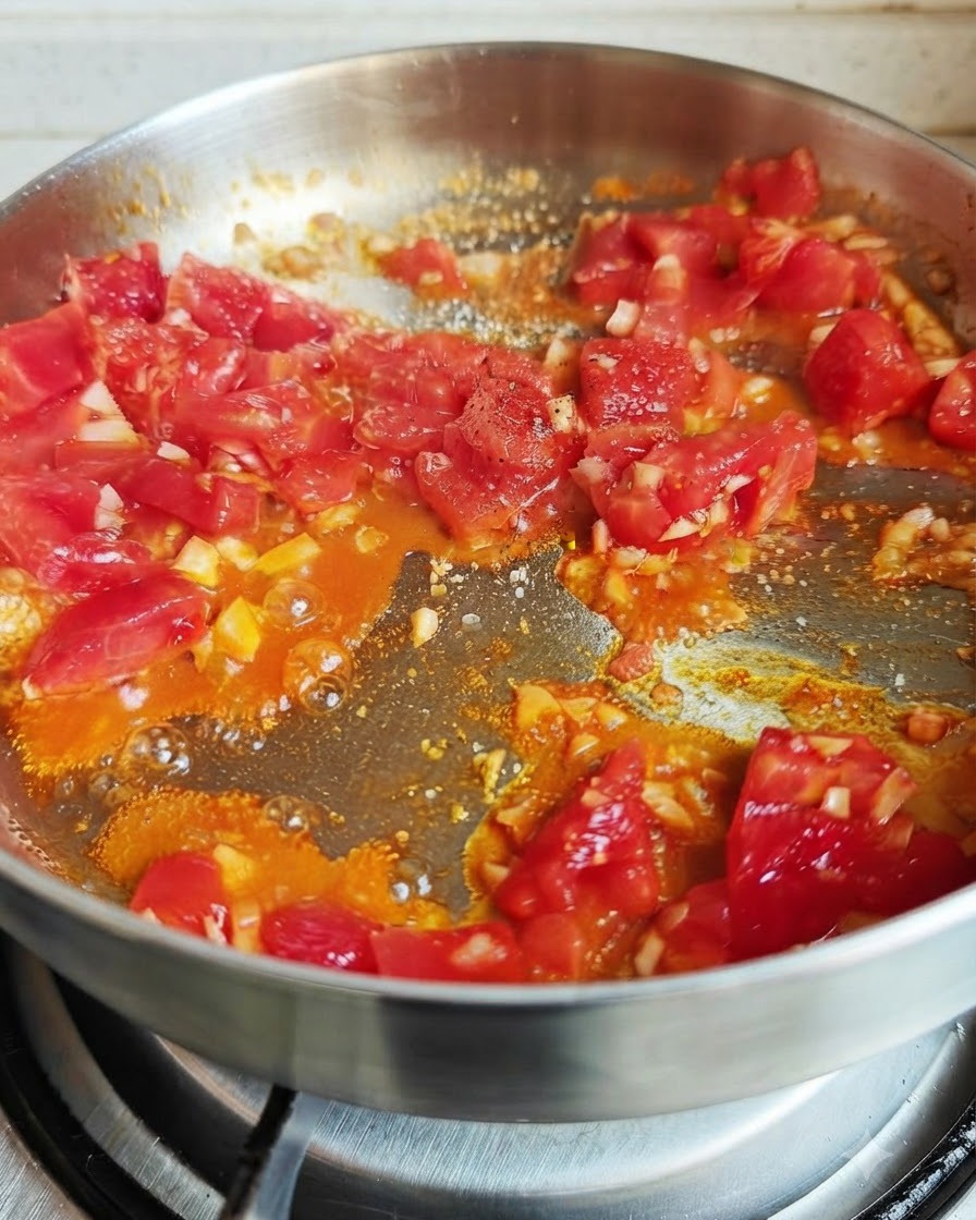 Tomates cuisant dans une poêle avec des assaisonnements saupoudrés comme du sel, du poivre et de la sauce soja.