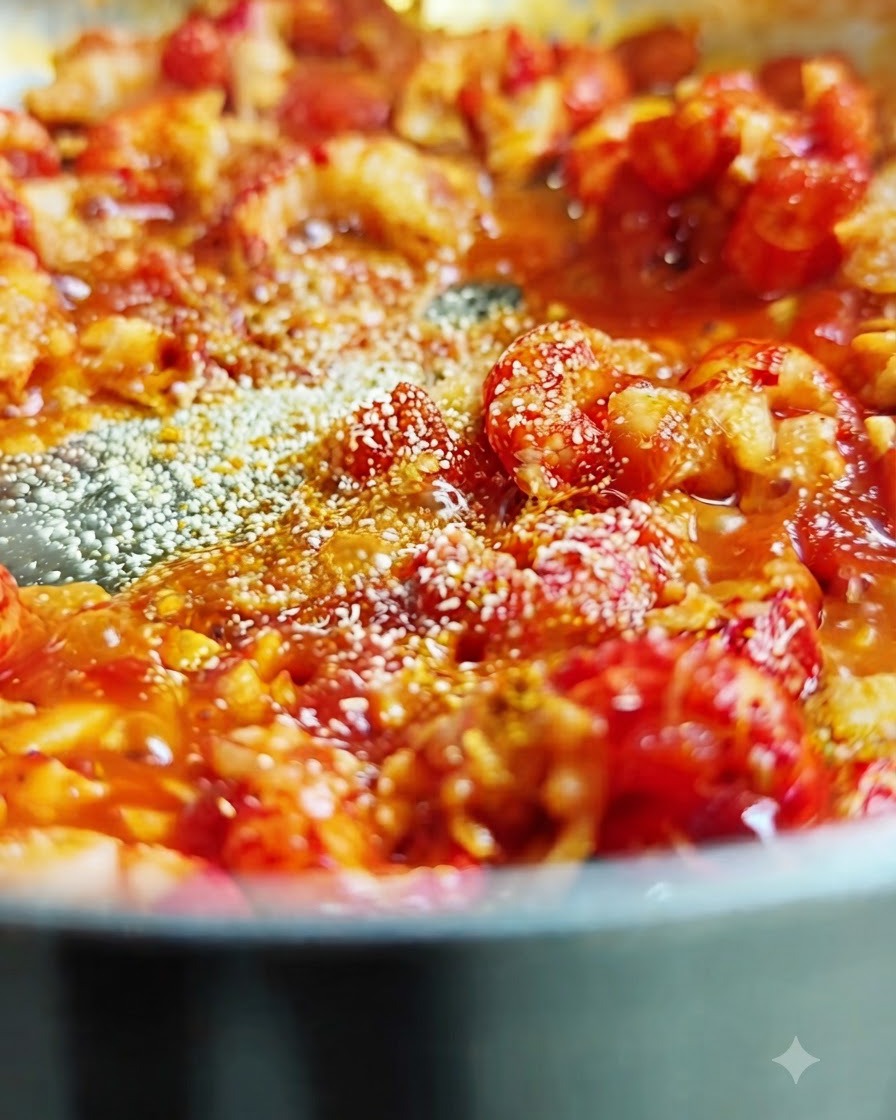 Poudre de fromage fine tombant et se dispersant sur la sauce bouillante et les écrevisses dans la poêle.