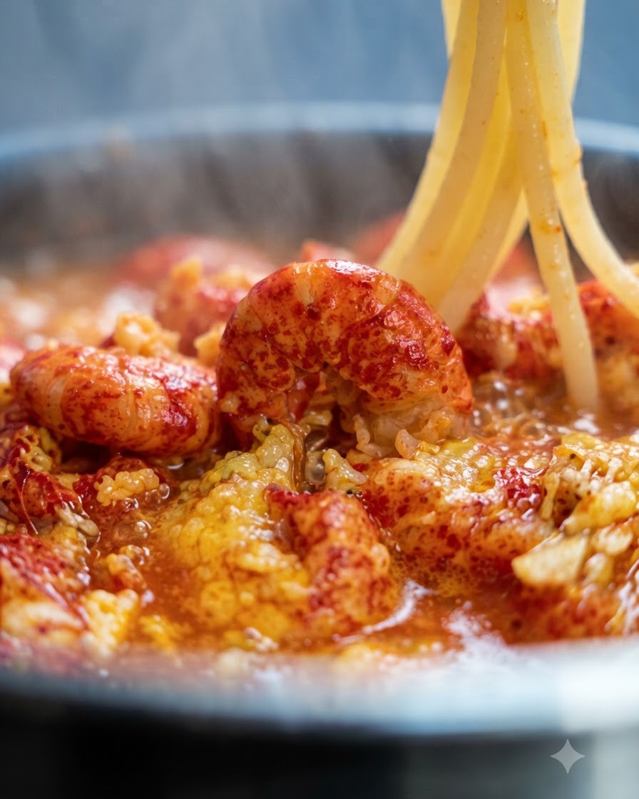 Longs brins de spaghettis cuits en train dêtre soulevés et ajoutés dans la poêle avec la sauce aux écrevisses.