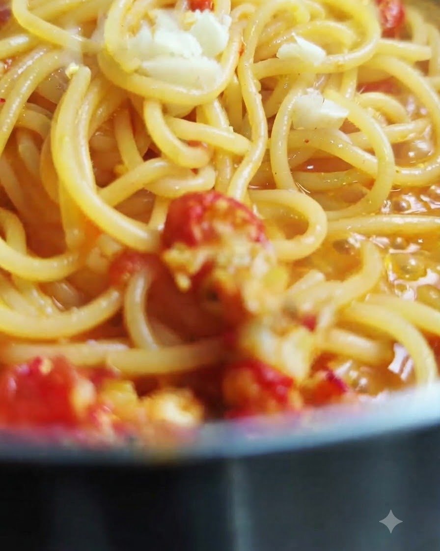 Morceaux dail frais haché saupoudrés sur le dessus des spaghettis cuits mélangés dans la sauce.