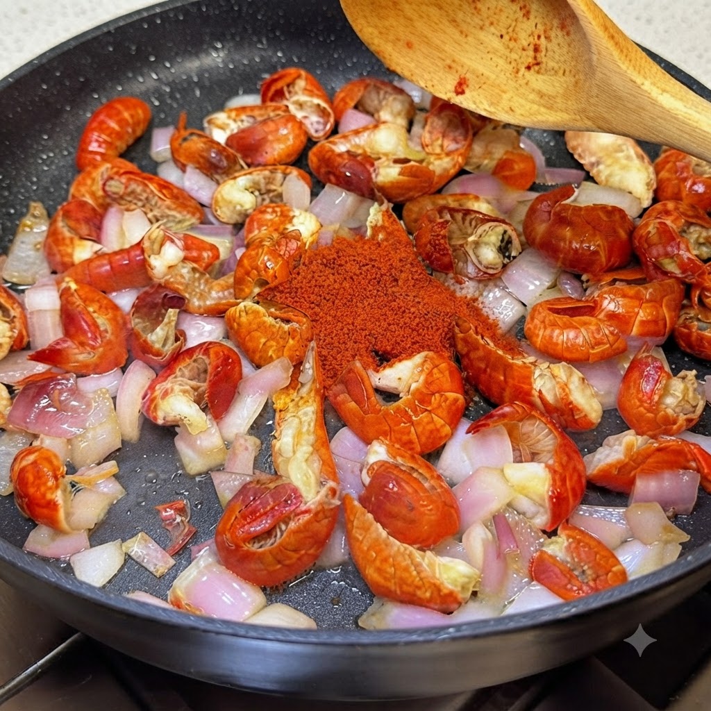 Des épices et de la pâte de piment disposées sur les écrevisses et les oignons dans une poêle, avec une cuillère en bois à proximité.