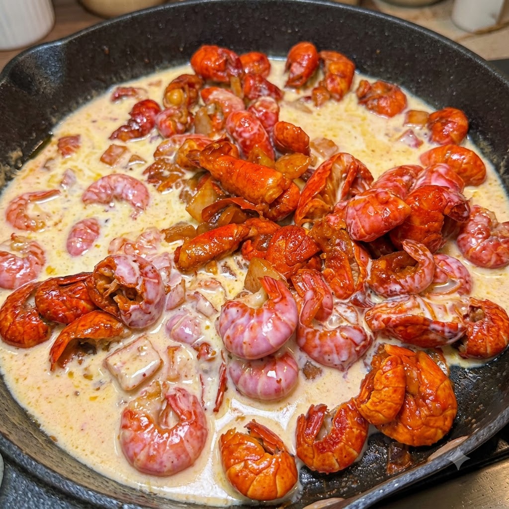Un mélange de sauce crémeuse entourant les queues décrevisses dans une poêle.